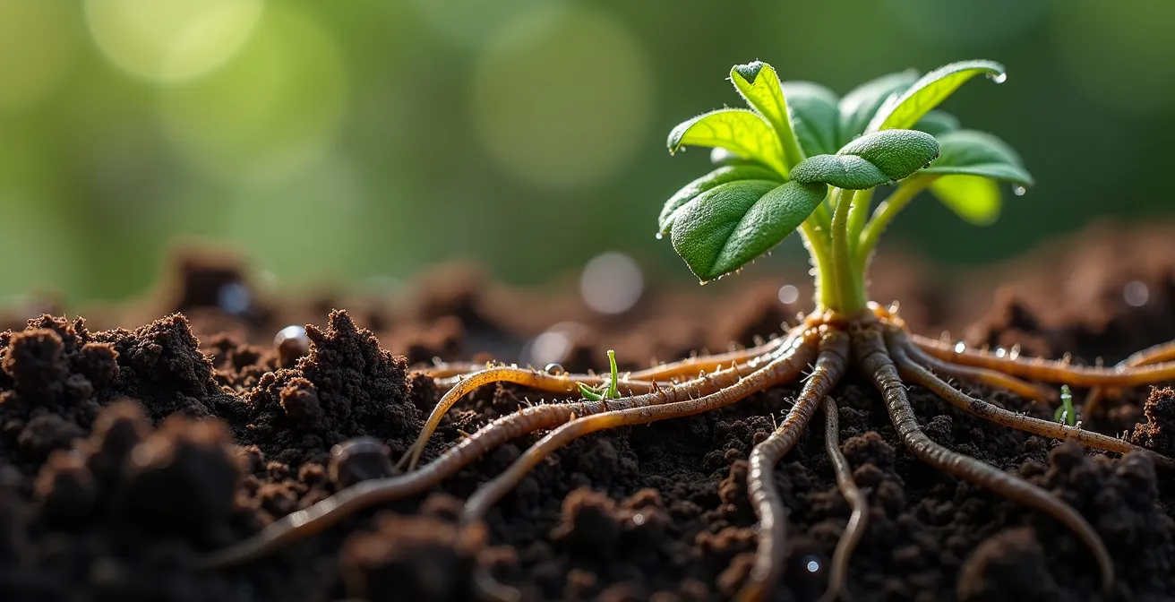 Detalle macro de raíces de tomillo liberando compuestos alelopáticos en el suelo para inhibir malas hierbas.