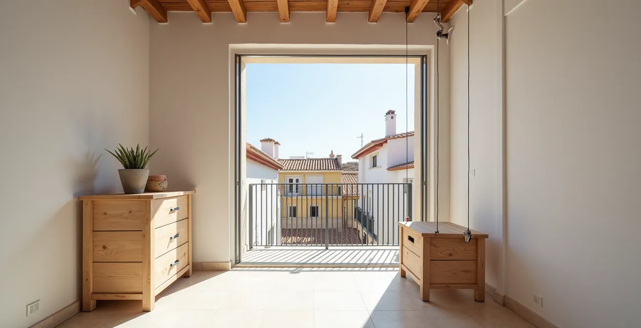 Sistema de almacenaje elevado con poleas en techo de balcón español