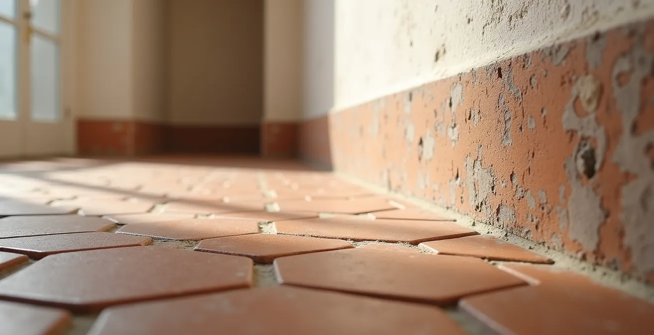 Detalle macro de elementos arquitectónicos originales de un piso español mostrando molduras y texturas