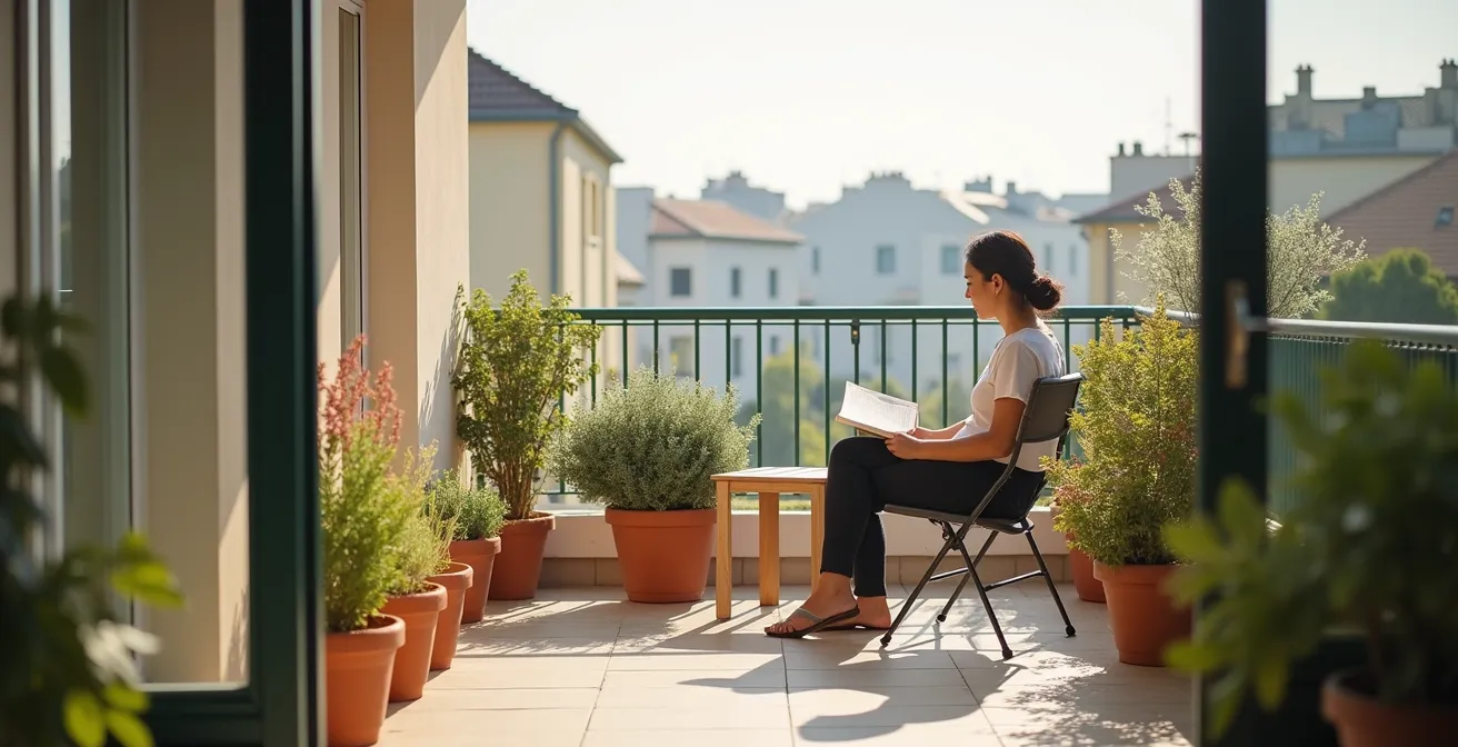 Balcón de 6 m² ordenado con mobiliario mínimo y una persona relajada, transmitiendo sensación de amplitud.