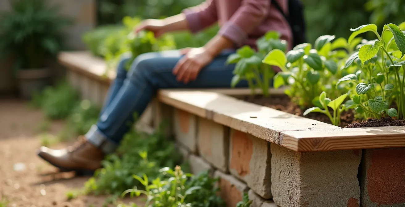 Bancal elevado con borde ancho que sirve como asiento informal integrado en el jardín