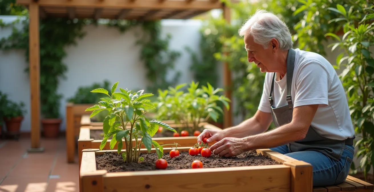 Bancales elevados de madera con banco integrado en jardín mediterráneo español