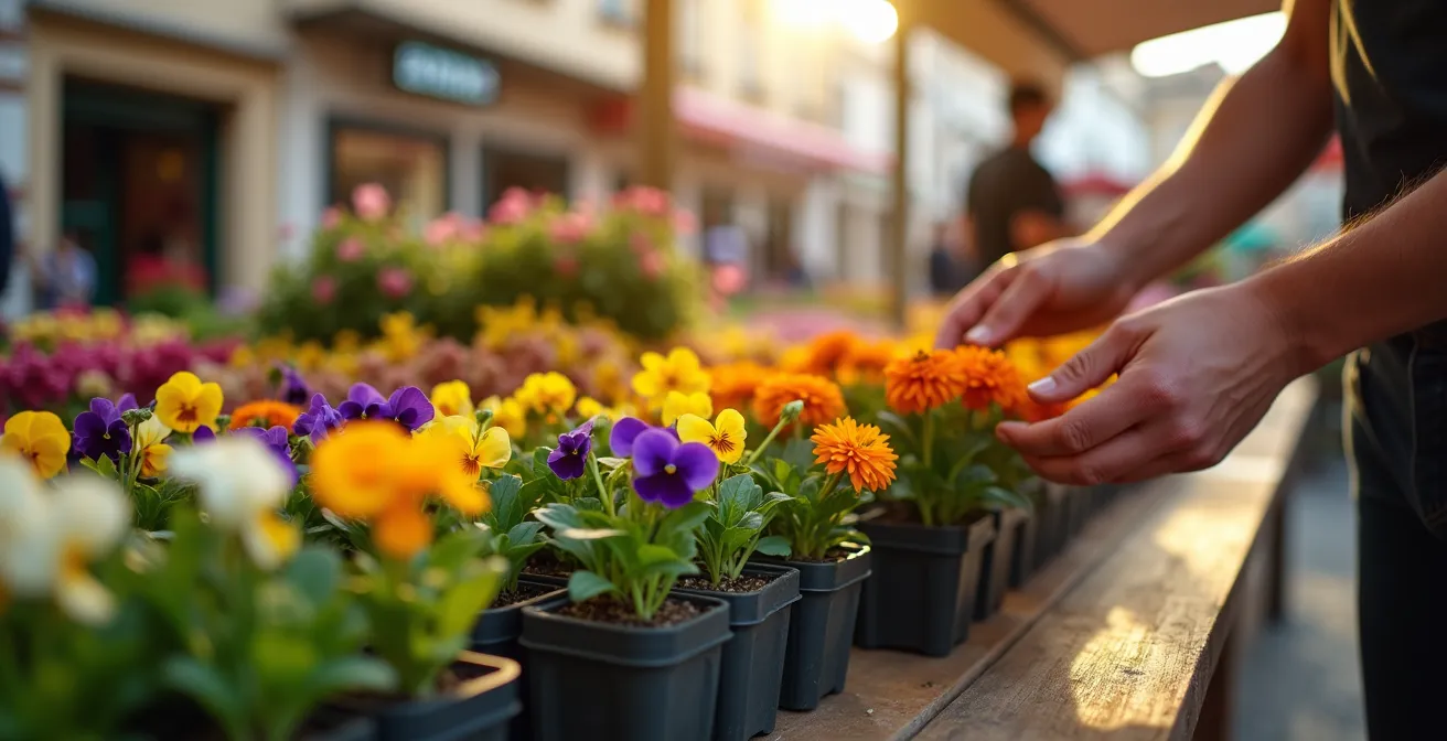 Bandejas de plántulas de temporada en un mercado de flores español con precios económicos