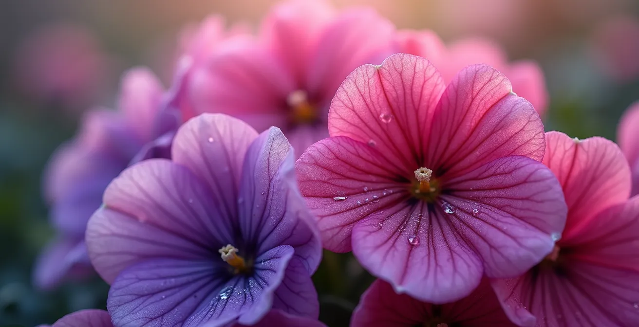 Vista macro de plantas de temporada mostrando texturas y colores vibrantes de pensamientos y cíclamen
