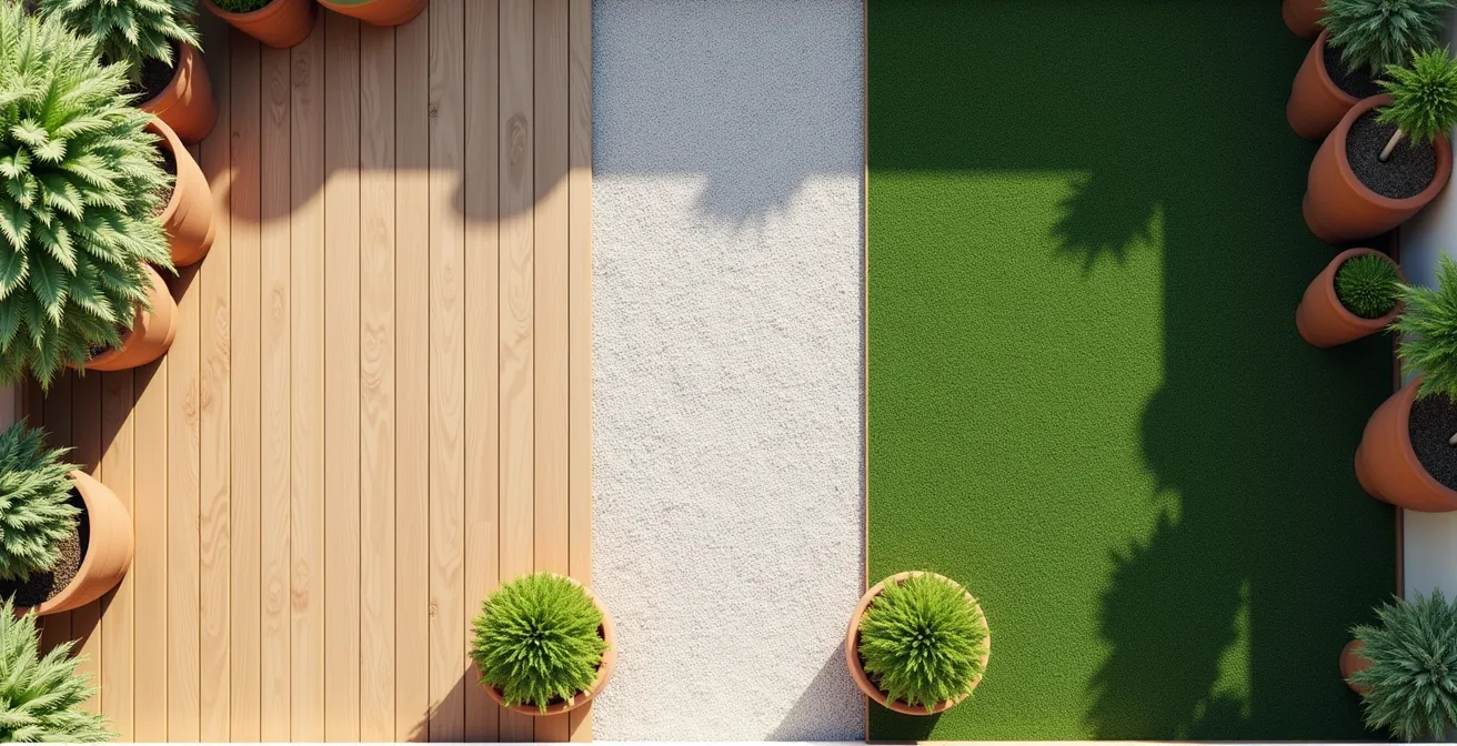 Vista cenital de jardín con tres tipos de pavimento creando zonas diferentes: madera, grava blanca y césped artificial.