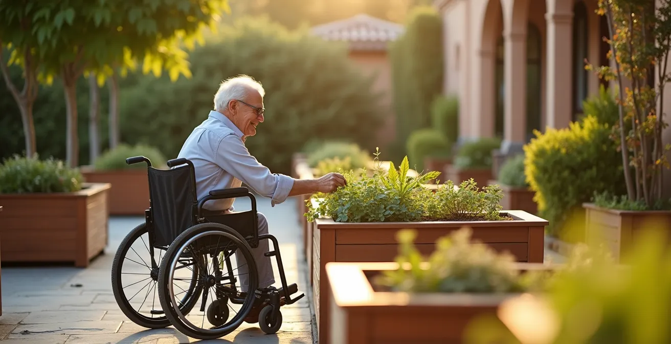 Camino amplio pavimentado con barandillas laterales y jardineras elevadas accesibles desde silla de ruedas