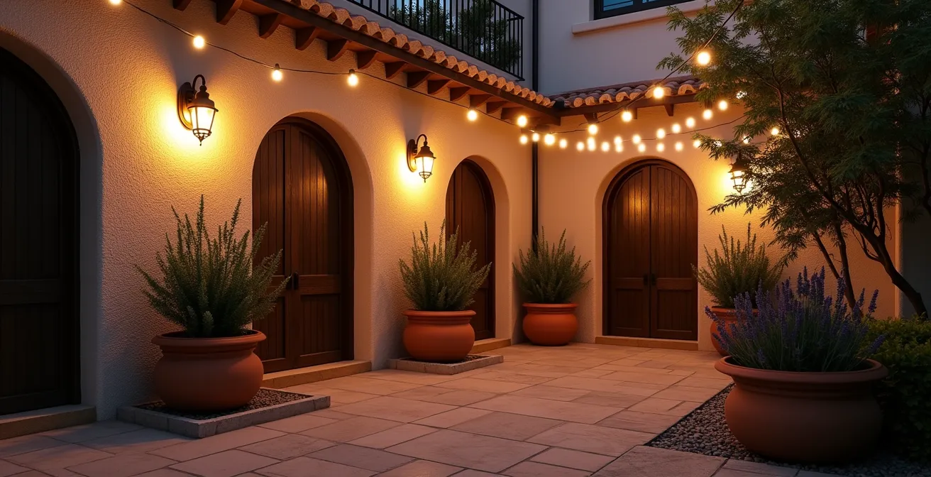 Tres niveles de iluminación en jardín español mostrando focos bajos, apliques medios y guirnaldas altas