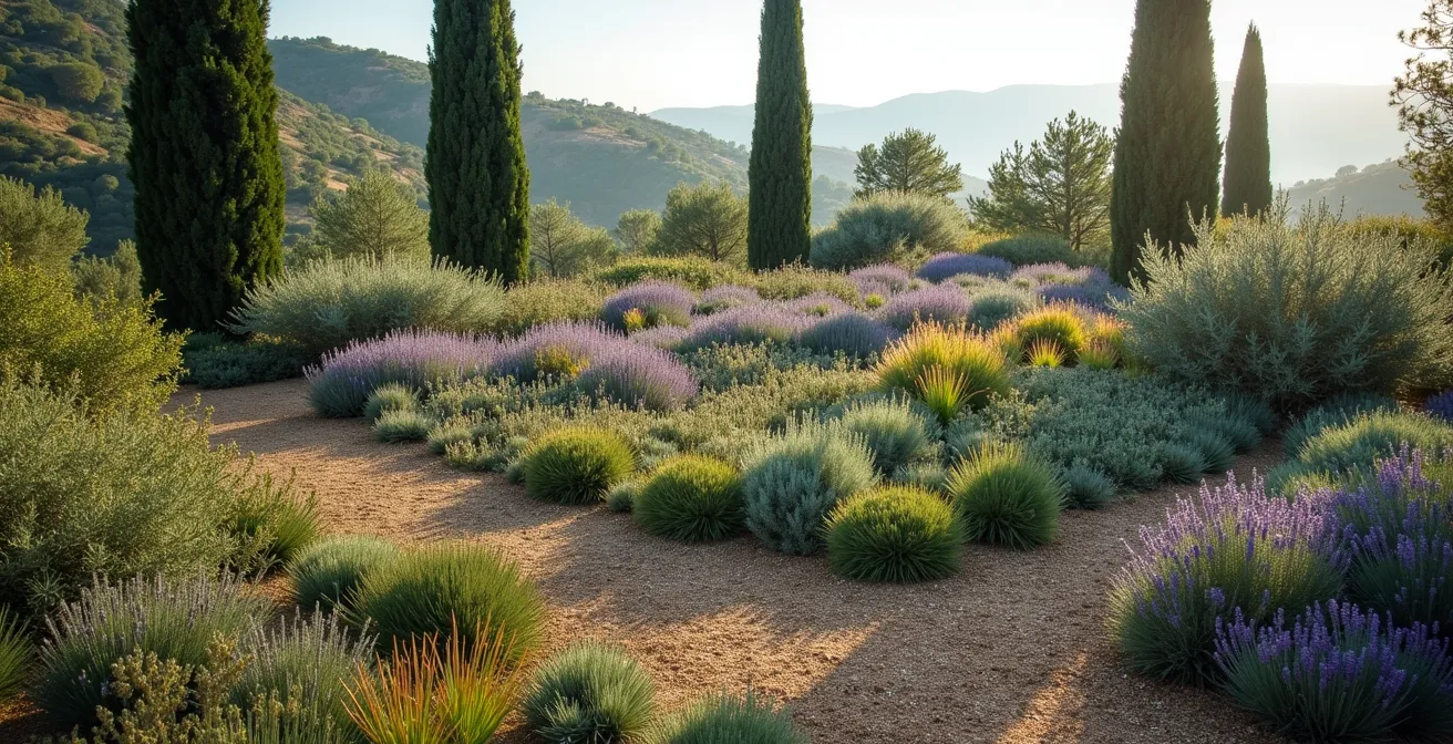 Diseño de jardín mediterráneo con capas de vegetación mostrando floración escalonada