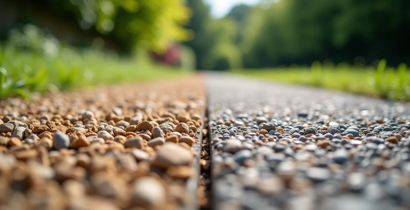 Comparación visual entre camino de grava estabilizada con resina y grava suelta mostrando la diferencia de seguridad