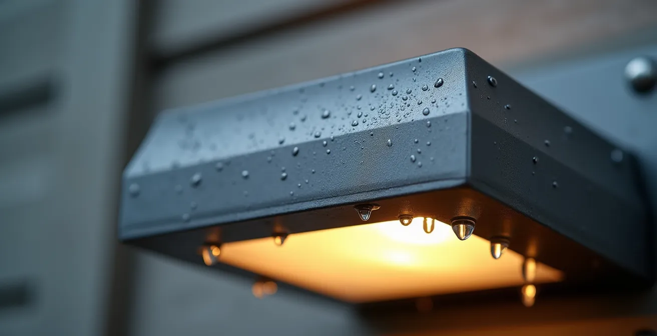 Detalle macro de aplique exterior mostrando juntas de sellado y protección contra agua