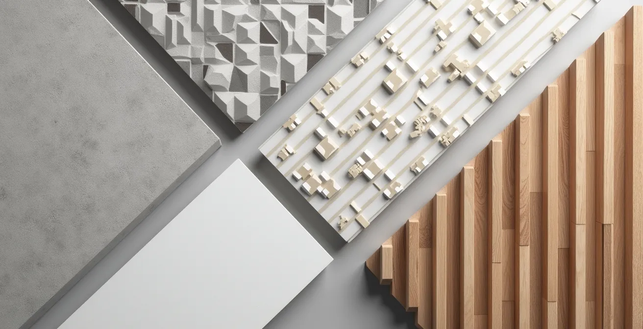 Muestras de diferentes revestimientos de pared con texturas variadas que muestran opciones como microcemento liso, paneles 3D, papel vinílico y listones de madera.