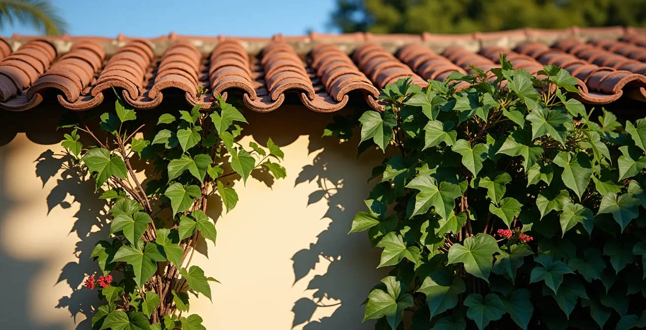 Comparación visual entre una buganvilla descontrolada dañando un tejado y una Stephanotis bien mantenida.