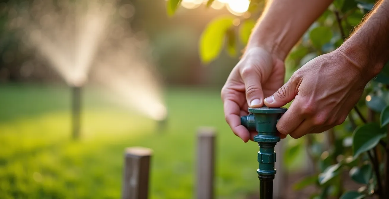 Jardín dividido mostrando aspersores en césped y goteo en arbustos