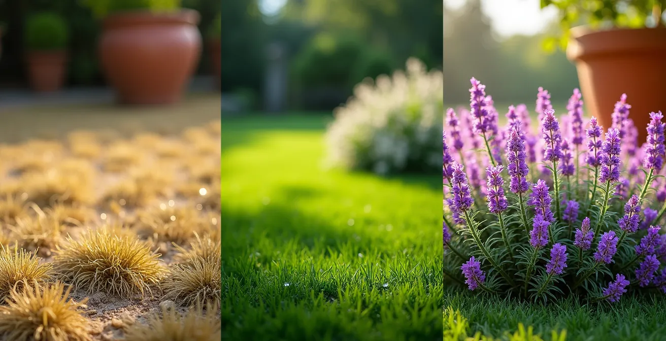 Comparación visual entre césped natural, artificial y plantas tapizantes mediterráneas resistentes a la sequía