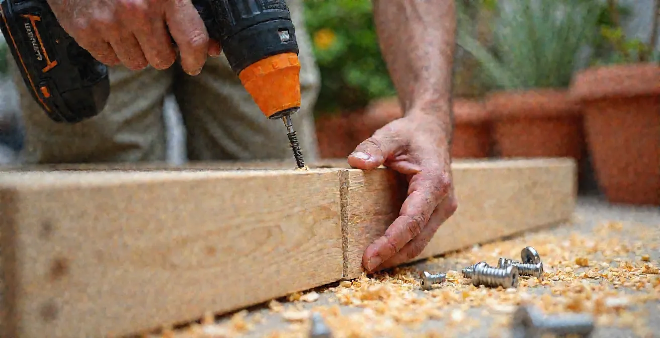 Proceso de construcción de bancal de madera mostrando herramientas y materiales organizados