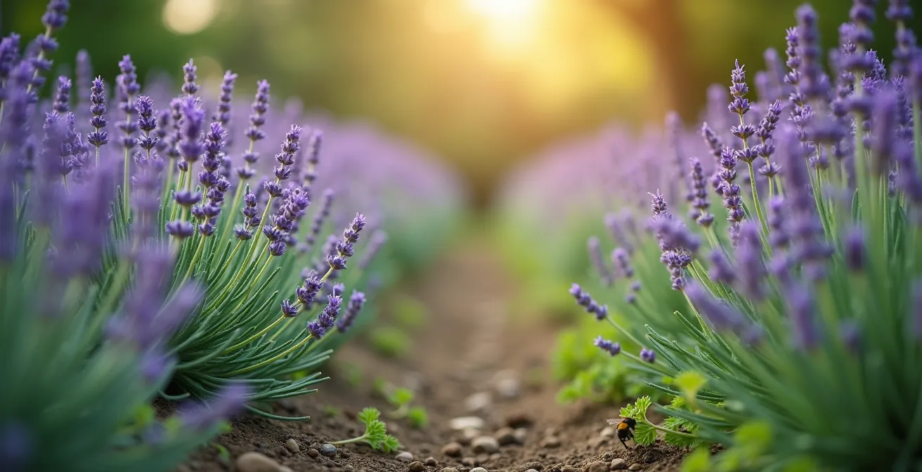 Hileras de lavanda y romero creando fronteras sensoriales naturales entre zonas del jardín