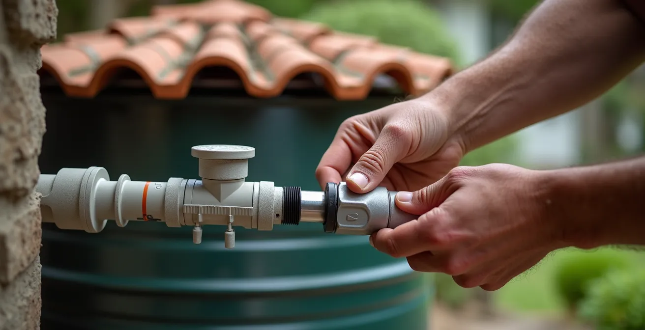 Sistema de captación de agua de lluvia de 300 litros instalado junto a bajante de tejado sin necesidad de obras