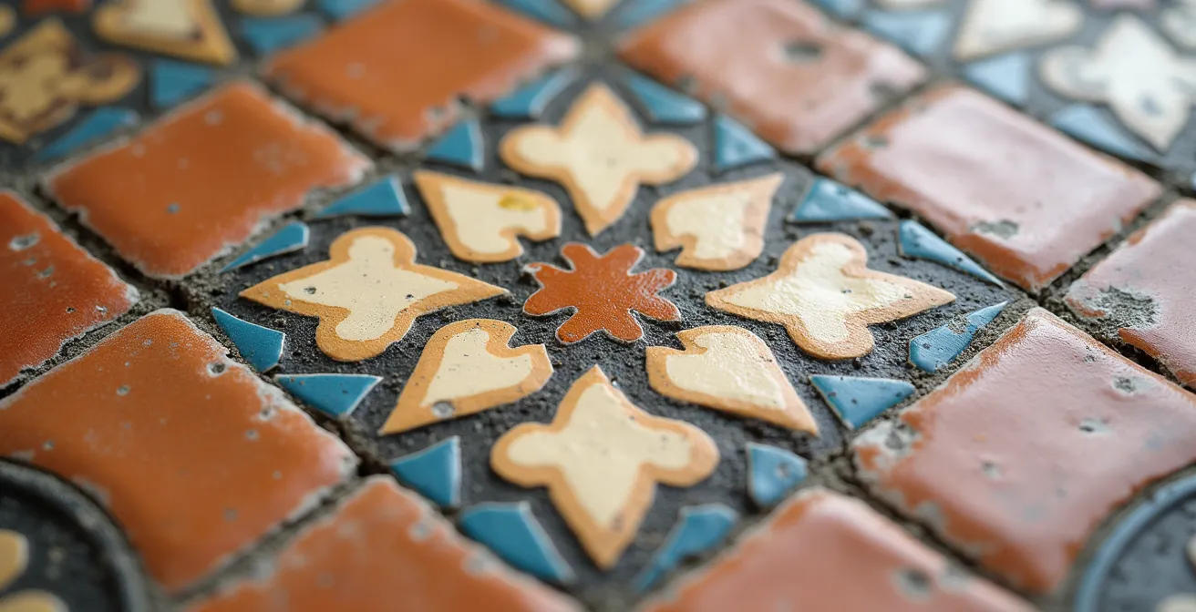 Detalle macro de suelo hidráulico original español con patrones geométricos