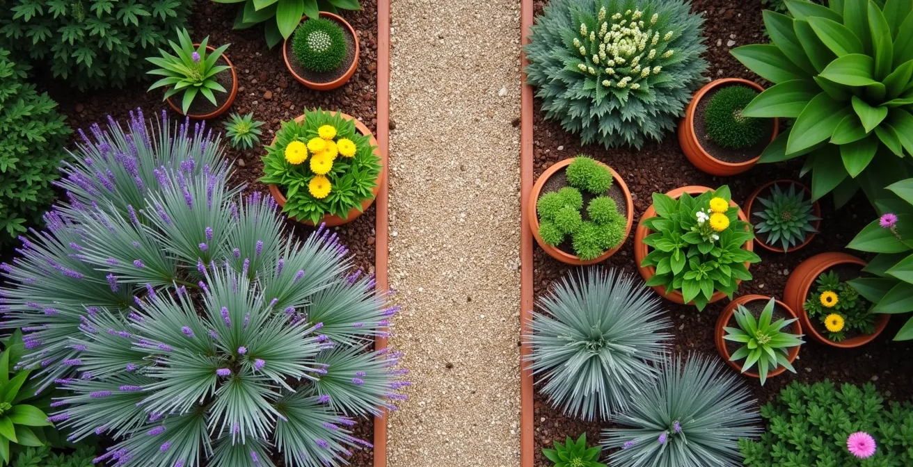 Diseño de jardín mostrando la distribución 80-20 entre plantas perennes y de temporada