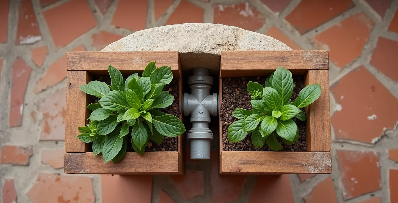 Vista superior de jardinera en forma de U diseñada para rodear una bajante en un balcón, mostrando medidas y aprovechamiento del espacio