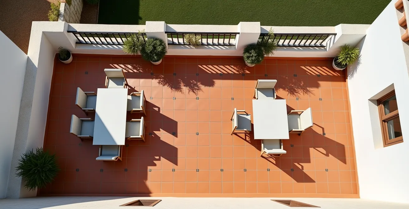 Vista aérea de terraza de 15m² con distribución eficiente de mesa extensible y sillas