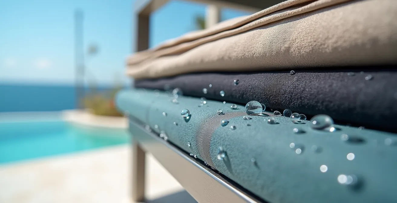 Detalle macro de materiales resistentes para muebles de jardín mostrando texturas y acabados