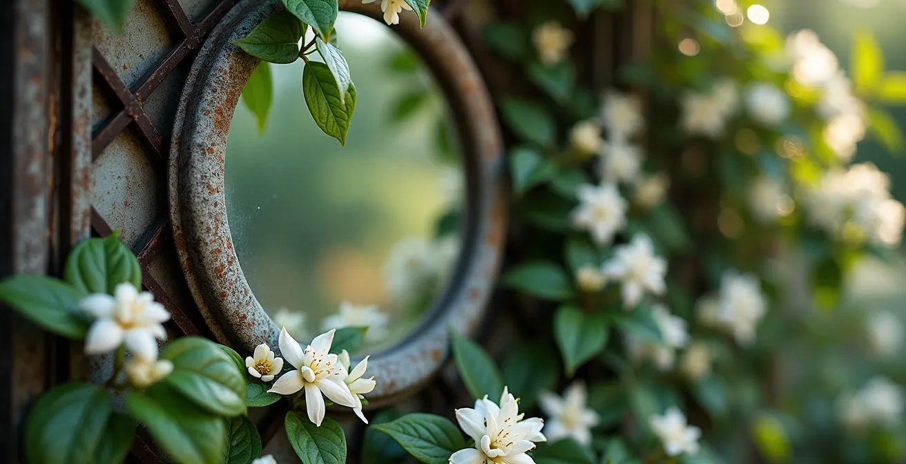 Espejo exterior creando ilusión de profundidad con plantas trepadoras