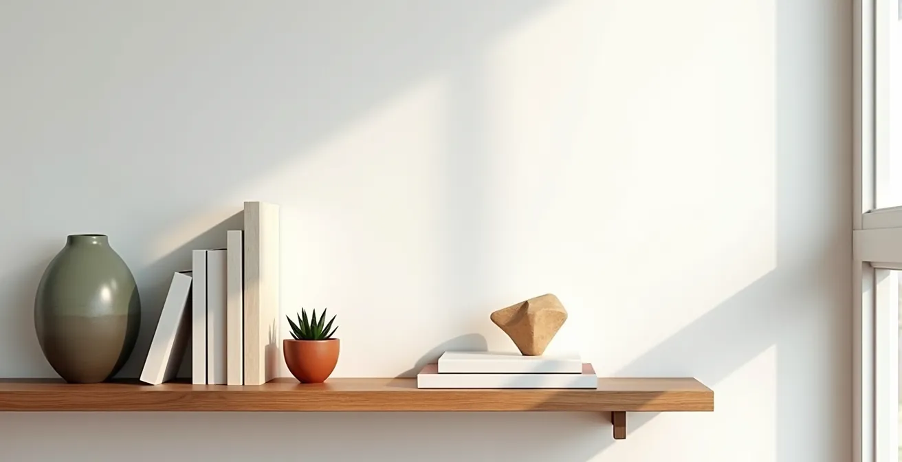 Estantería con pocos objetos seleccionados estratégicamente y abundante espacio vacío