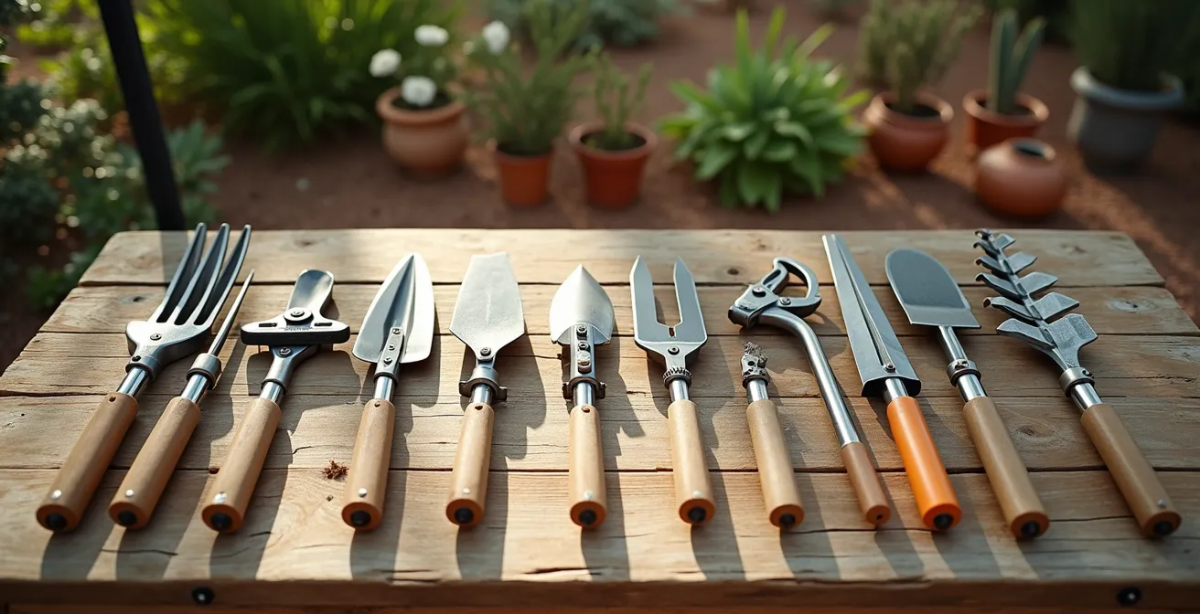 Mesa de jardín con diferentes herramientas ergonómicas organizadas por tipo de agarre y función