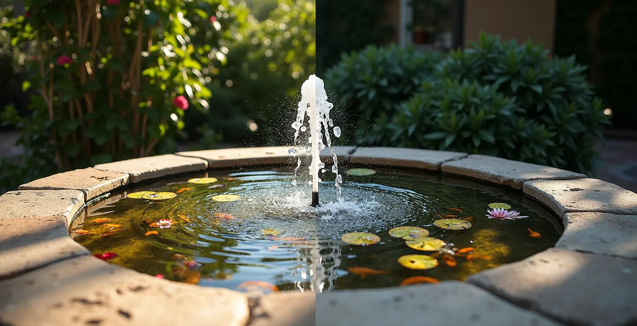 Diseño modular de fuente que evoluciona de versión infantil segura a estanque ornamental según edad de los niños