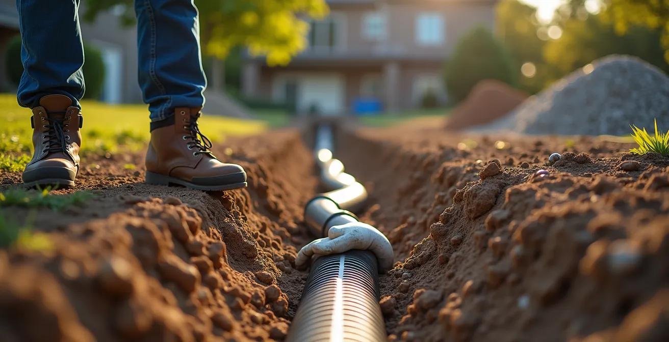 Vista de jardín en construcción mostrando zanjas para instalación de tuberías de drenaje y riego