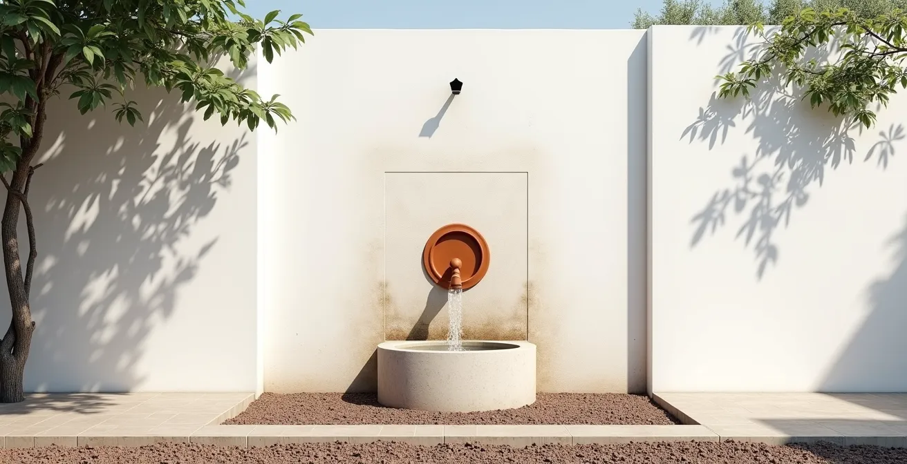 Fuente de pared mediterránea con sistema de drenaje oculto sin agua estancada para jardín seguro con niños