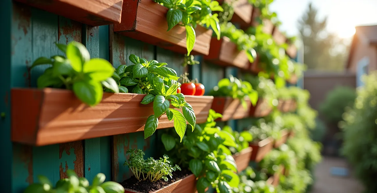 Vista lateral de sistema vertical mostrando diferentes plantas aromáticas y hortalizas organizadas por altura y necesidades de luz