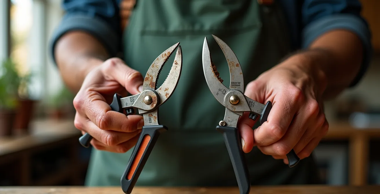 Comparación visual de herramientas de jardinería profesionales y económicas