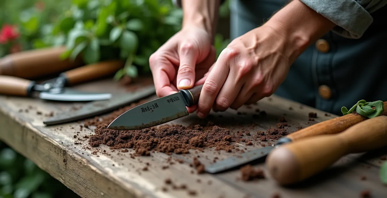 Herramientas manuales tradicionales de jardinería dispuestas artísticamente sobre madera envejecida
