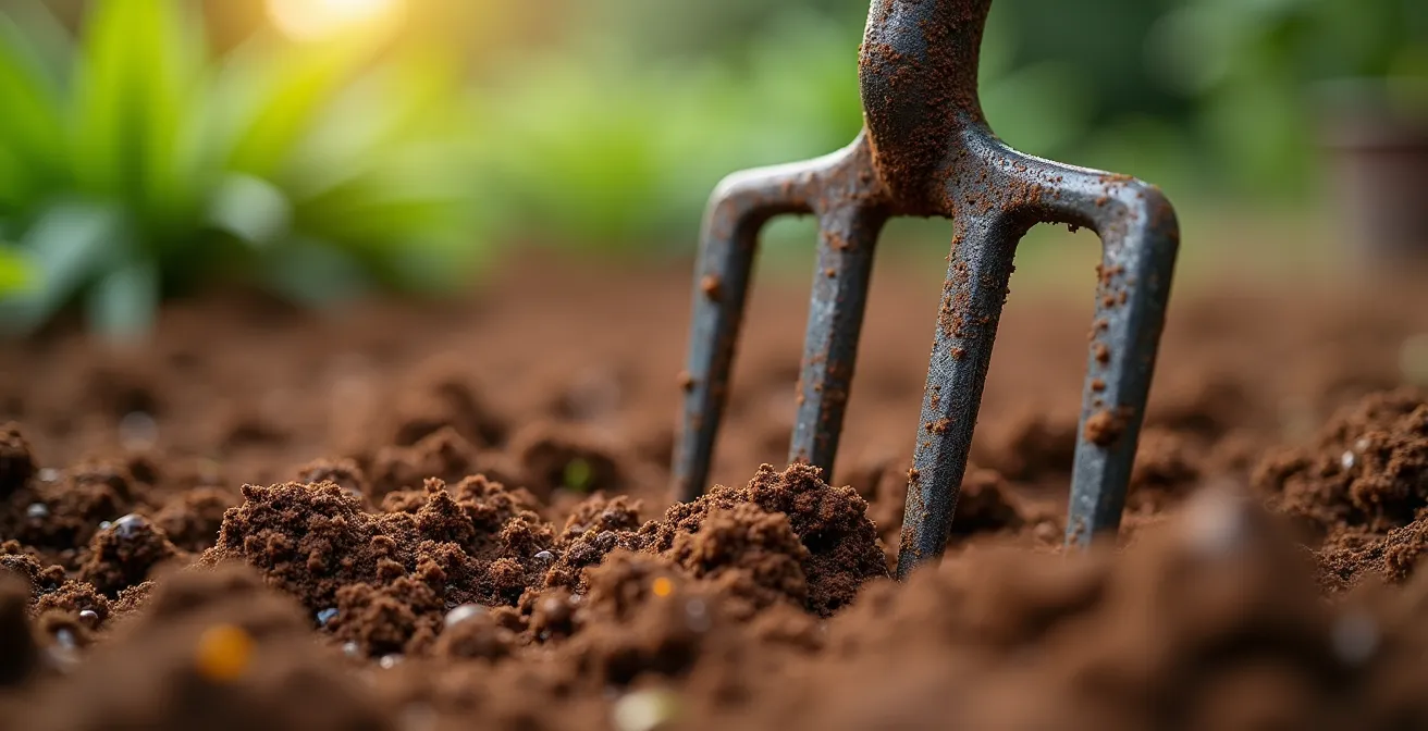 Herramienta grelinette penetrando suelo arcilloso del jardín sin voltear horizontes