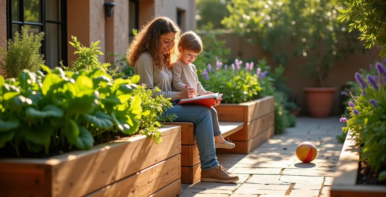 Bancales elevados de madera que sirven como protección del huerto y banco de descanso