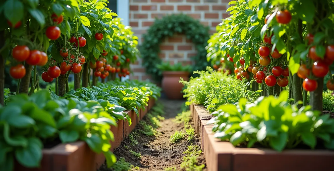 Vista cenital de un huerto intensivo de 15m² con bancales profundos mostrando cultivos escalonados y asociación de plantas
