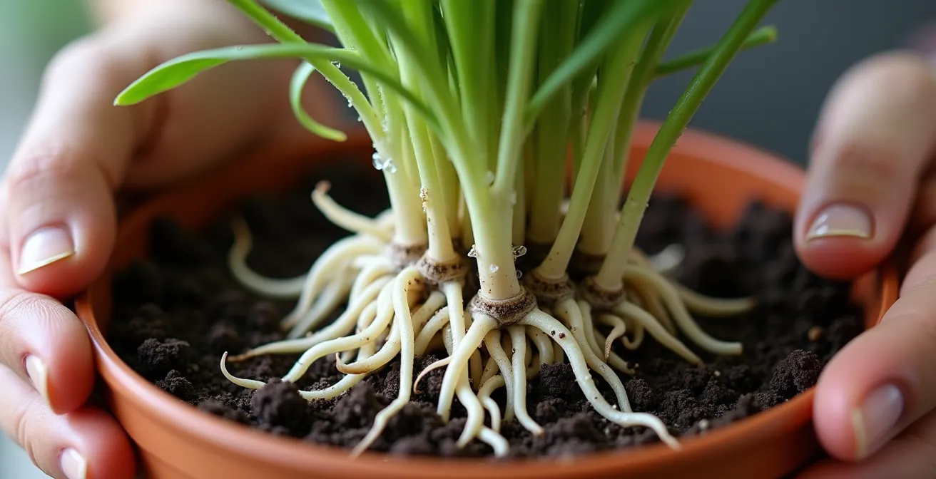 Manos examinando las raíces blancas y sanas de una planta mediterránea en vivero
