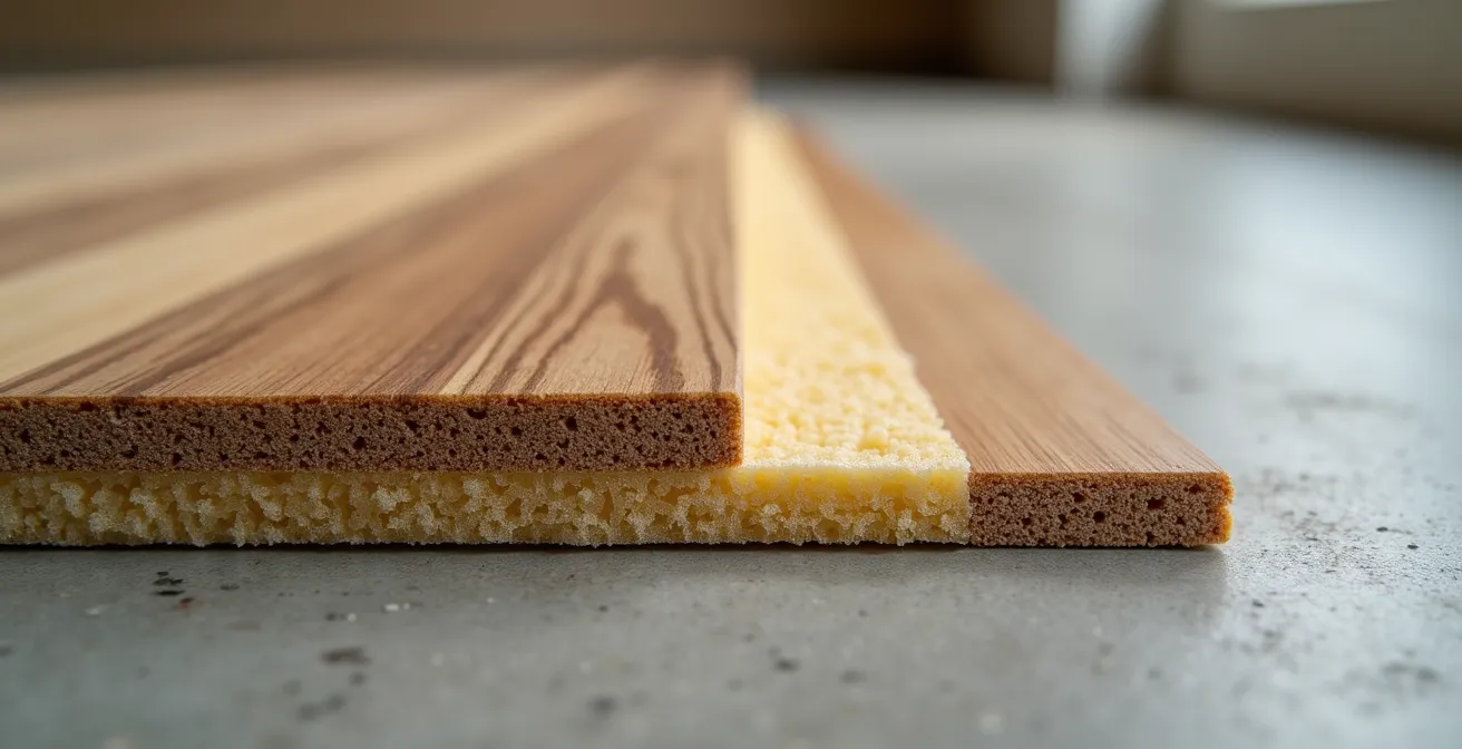 Sección transversal mostrando capas de instalación de suelo con material aislante visible