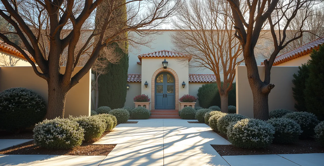 Jardín español en invierno mostrando la belleza de ramas desnudas y cortezas junto a perennes mediterráneos
