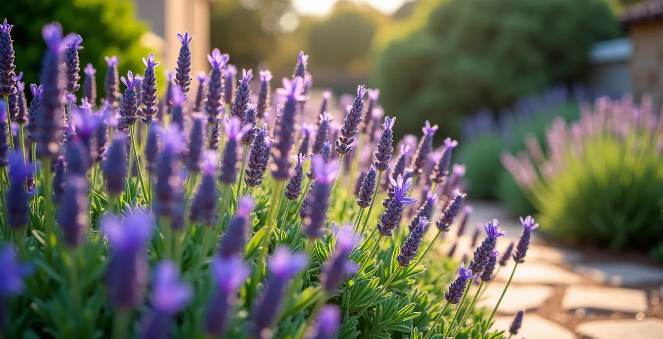 Jardín de estilo cottage con plantas mediterráneas como lavanda y salvias en lugar de especies inglesas tradicionales