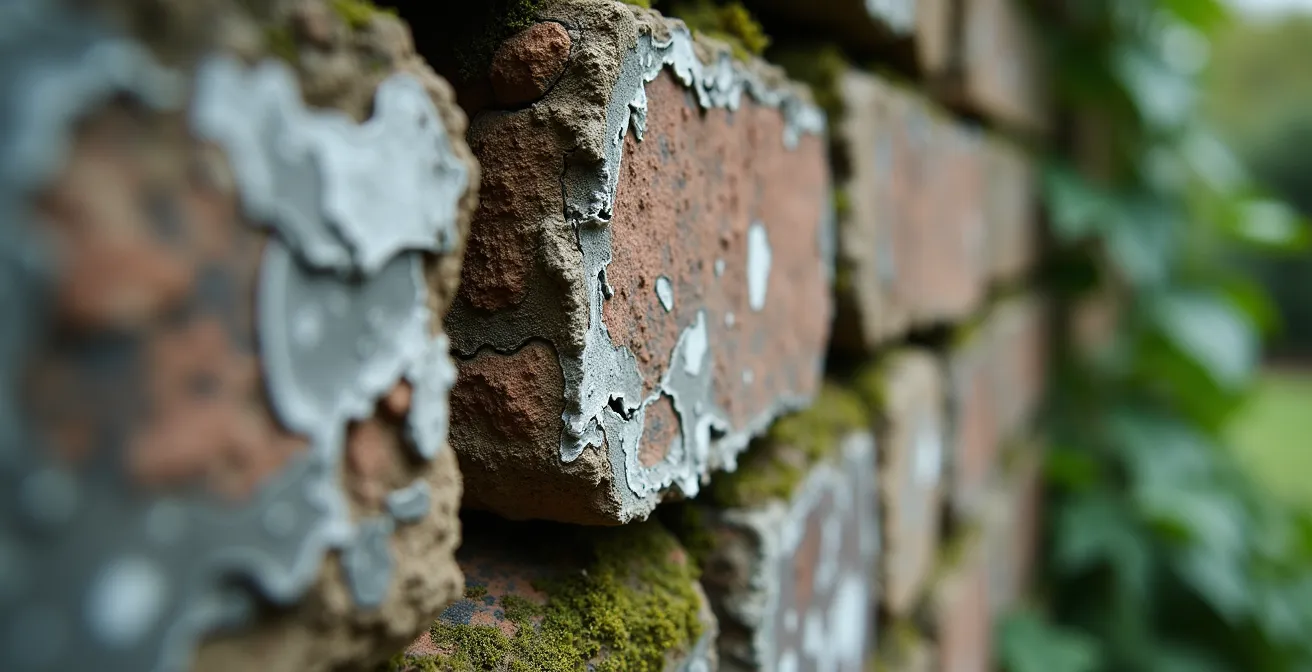 Detalle macro de grietas en muro de jardín y raíces invasivas mostrando problemas de mantenimiento que afectan el valor