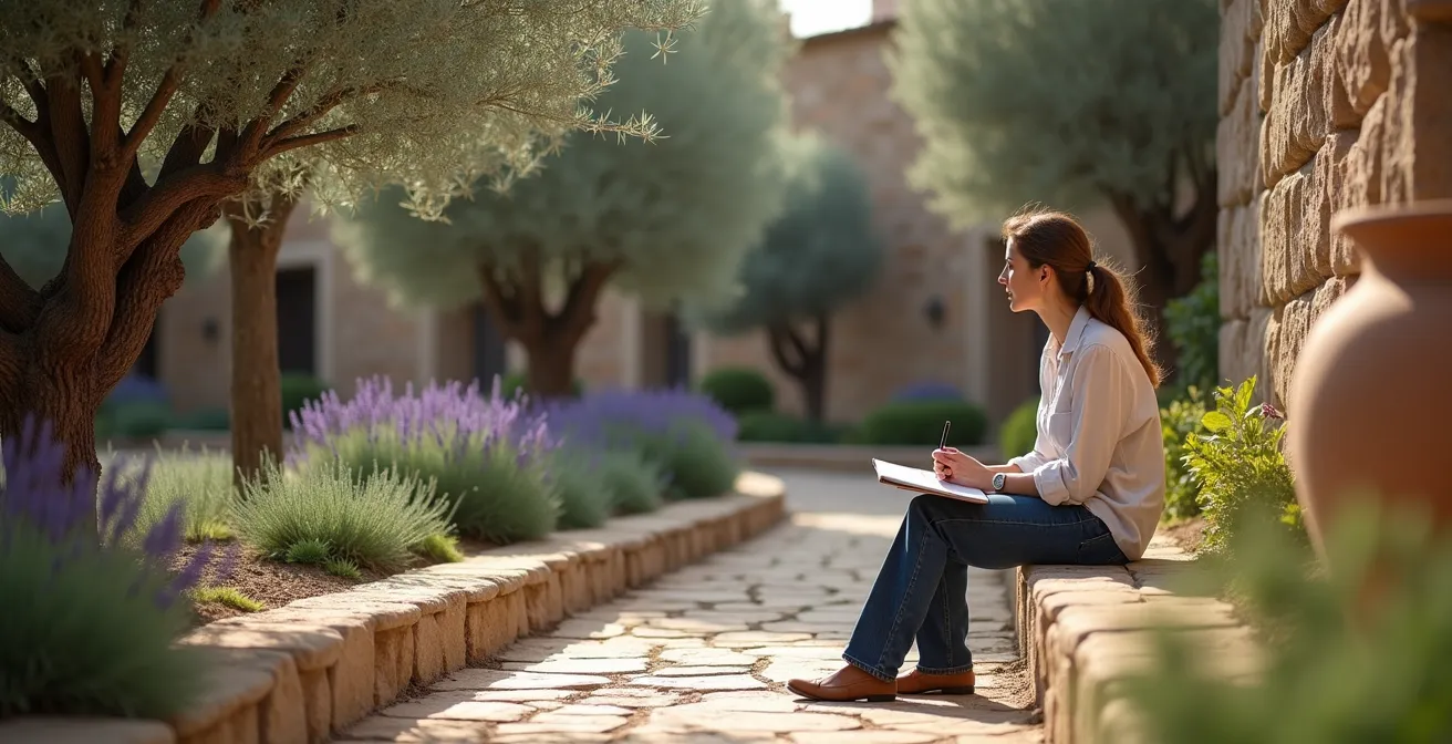 Persona contemplando un jardín mediterráneo con cuaderno de bocetos, analizando elementos de diseño