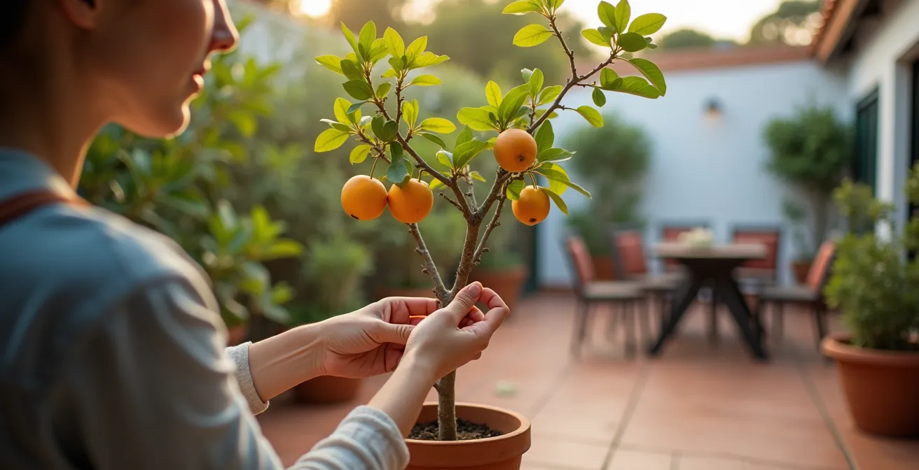 Jardín urbano pequeño con árbol frutal podado en forma compacta junto a terraza