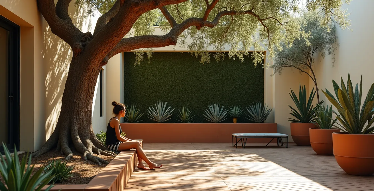 Jardín pequeño con olivo centenario como elemento de anclaje creando sensación de amplitud espacial