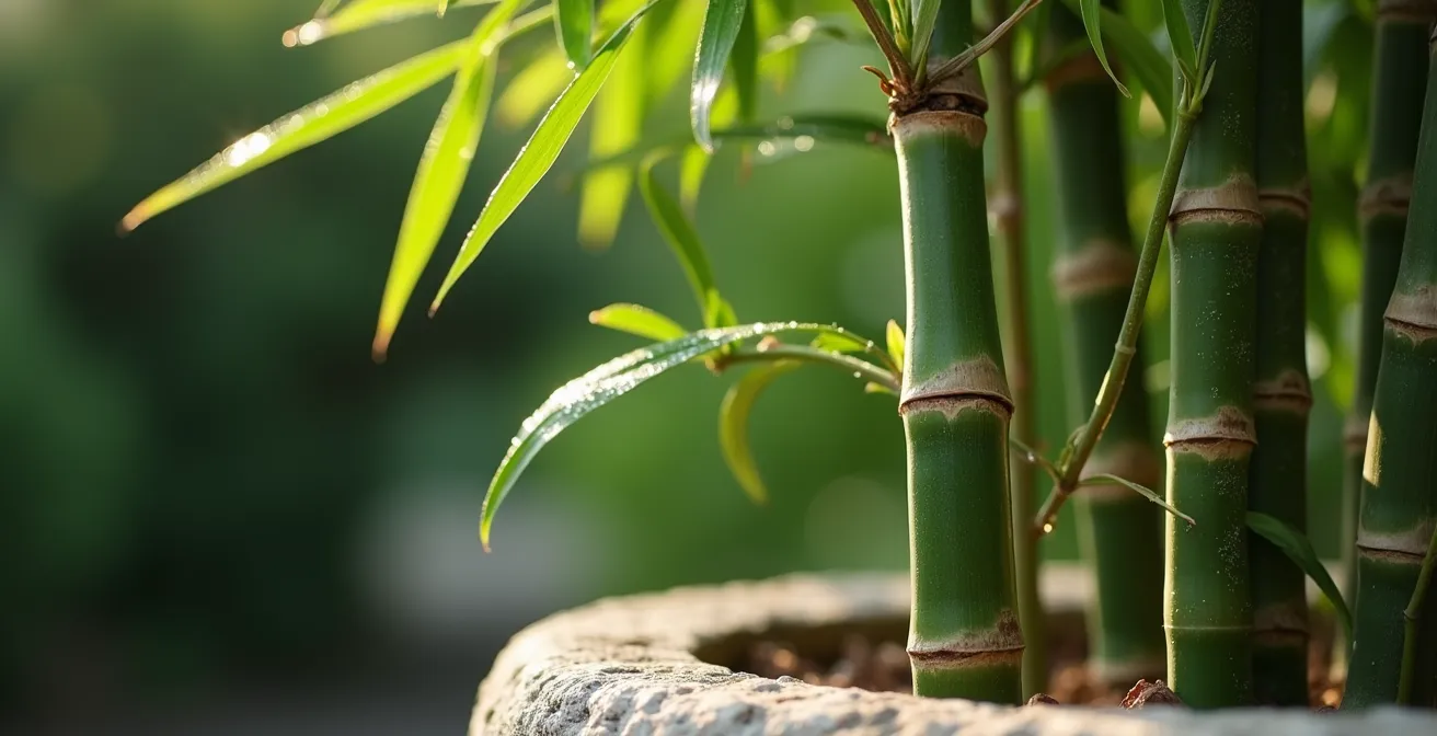 Jardinera de obra elevada con bambú contenido en un jardín de estilo mediterráneo.
