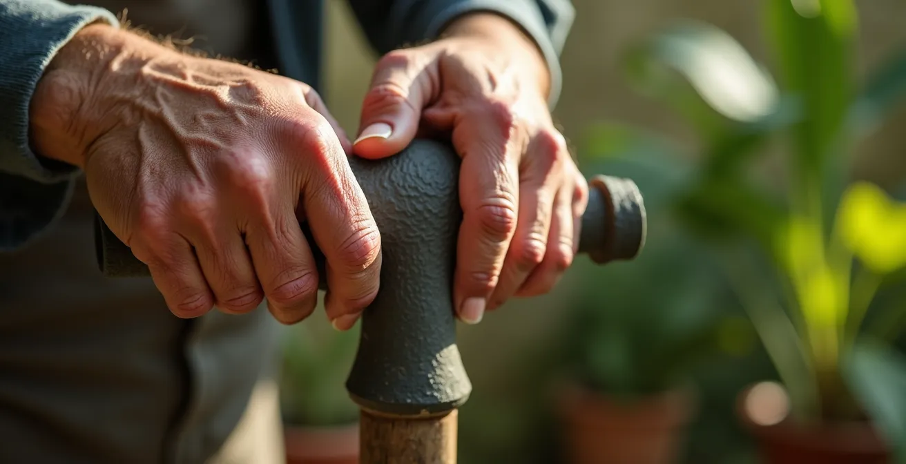 Persona mayor descansando en banco de jardín bajo pérgola con sombra, botella de agua cercana