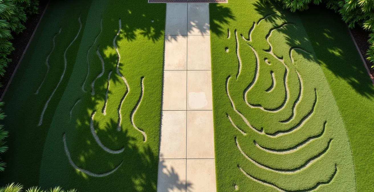 Vista superior de un jardín mostrando el contraste entre un camino recto pavimentado y las líneas de deseo creadas por pisadas en el césped