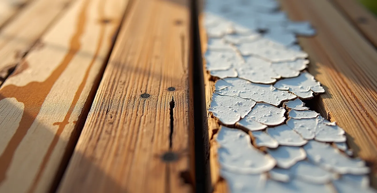Detalle macro de madera de jardín dañada por productos químicos inadecuados